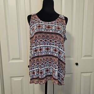 Aztec Print Tank Top Scoop Neck in Rust, Navy & White Boho Sz XL